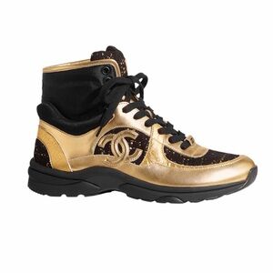 Chanel 19A Metiers d'Art Gold Metallic & Black Tweed High Top Sneakers SZ 39